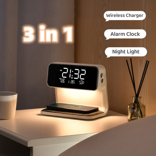 Creative 3-in-1 Night Lamp with Wireless Charging and LCD Screen Alarm Clock – Wireless Phone Charger